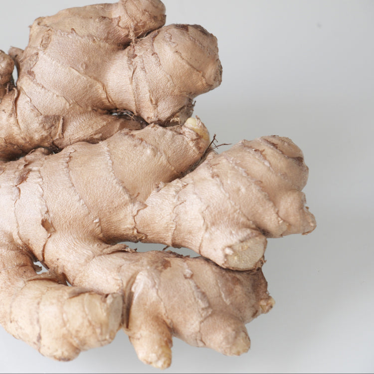 Close-up of a pile of ginger roots on a light gray background