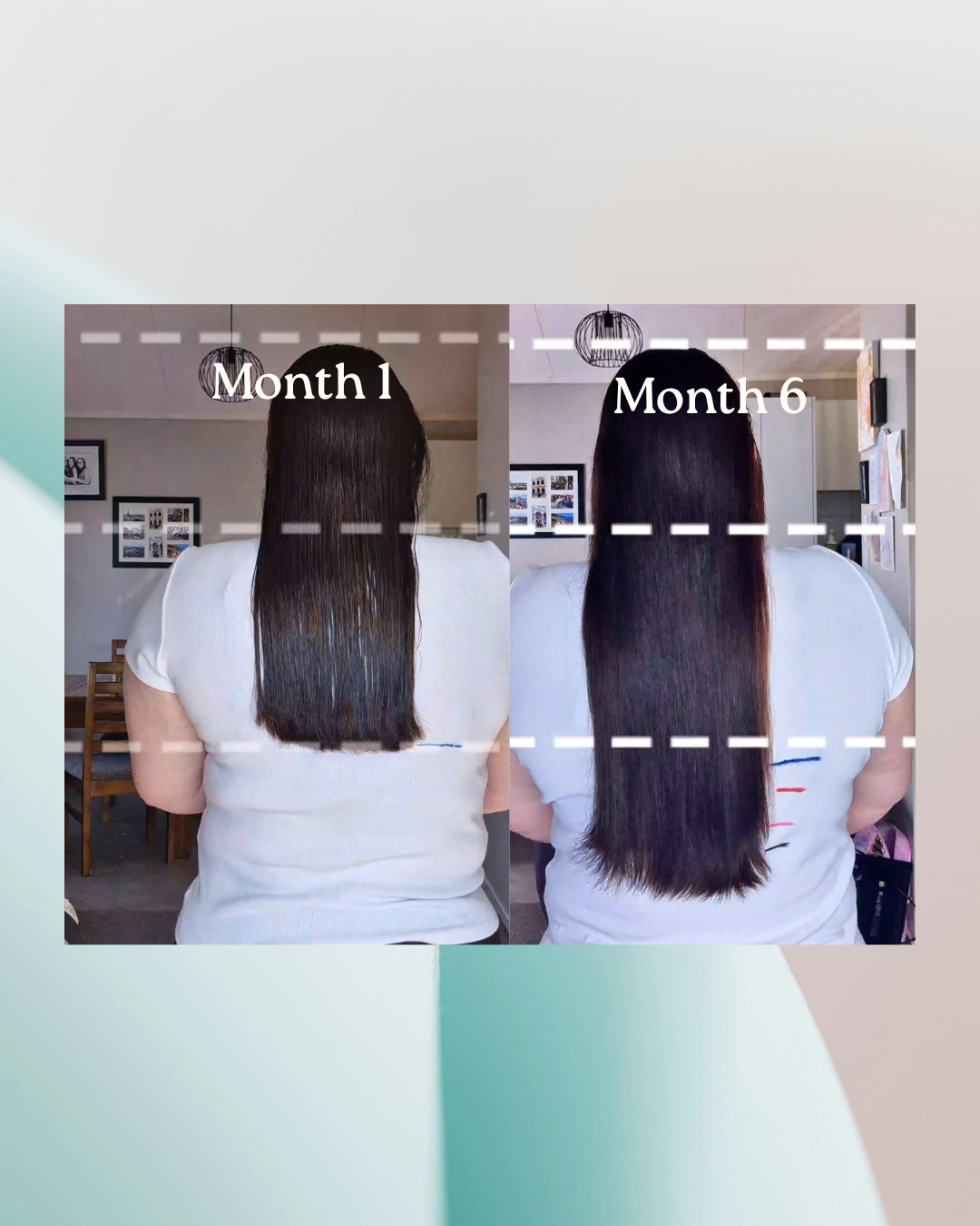 Before and after comparison of hair growth over 6 months, showing a person with long hair in two different stages.