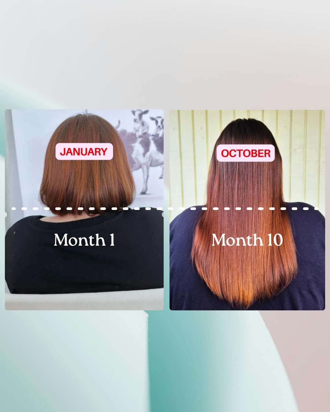 Before and after comparison of hair growth over 9 months, showing a person with short hair in January and longer, straighter hair in October.