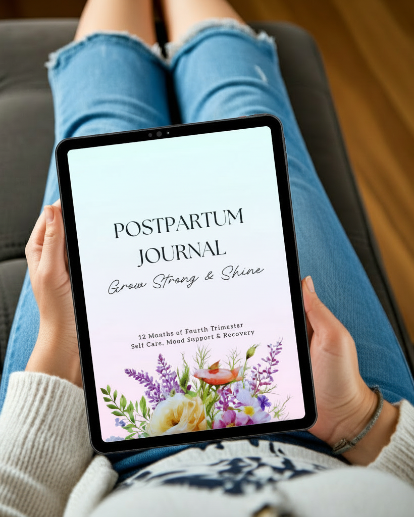 Person holding a tablet with a postpartum journal app on a couch