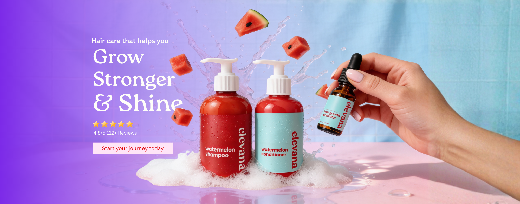 Hair care products with a hand holding a dropper bottle on a gradient background