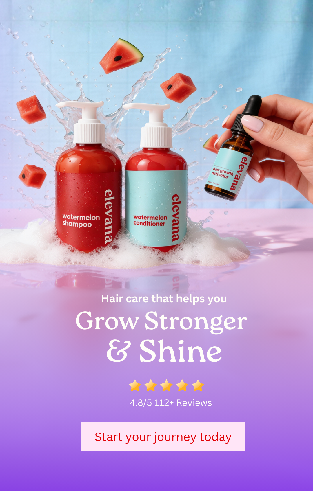 Elevana watermelon shampoo and conditioner with a dropper bottle on a colorful background.