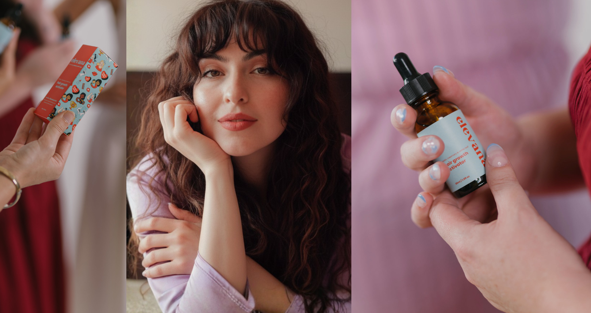 Collage of a woman with a product, a woman with a product, and a person holding a bottle with a dropper.