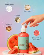 Conditioner bottle with watermelon slices and ingredients on a colorful background