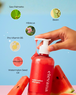 Hand holding a red bottle labeled 'elevana' with watermelon slices and ingredient icons on a blue background