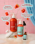 Elevana watermelon shampoo, conditioner, and serum with watermelon slices on a pink background.