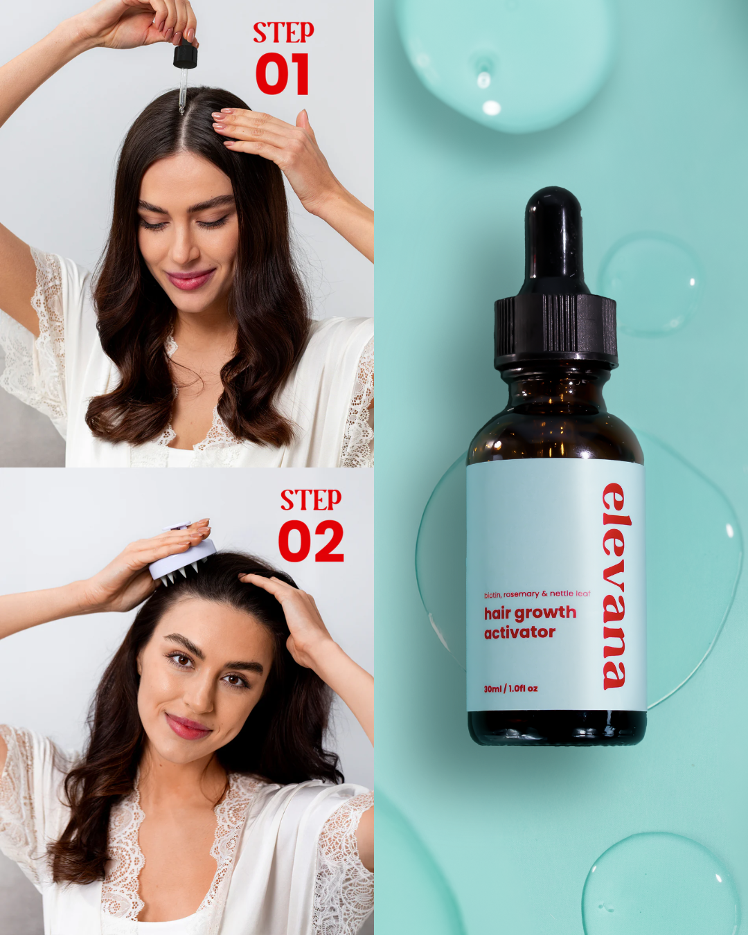Elevana hair growth activator bottle with a woman applying it to her hair on a light blue background.