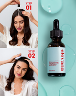 Elevana hair growth activator bottle with a woman applying it to her hair on a light blue background.
