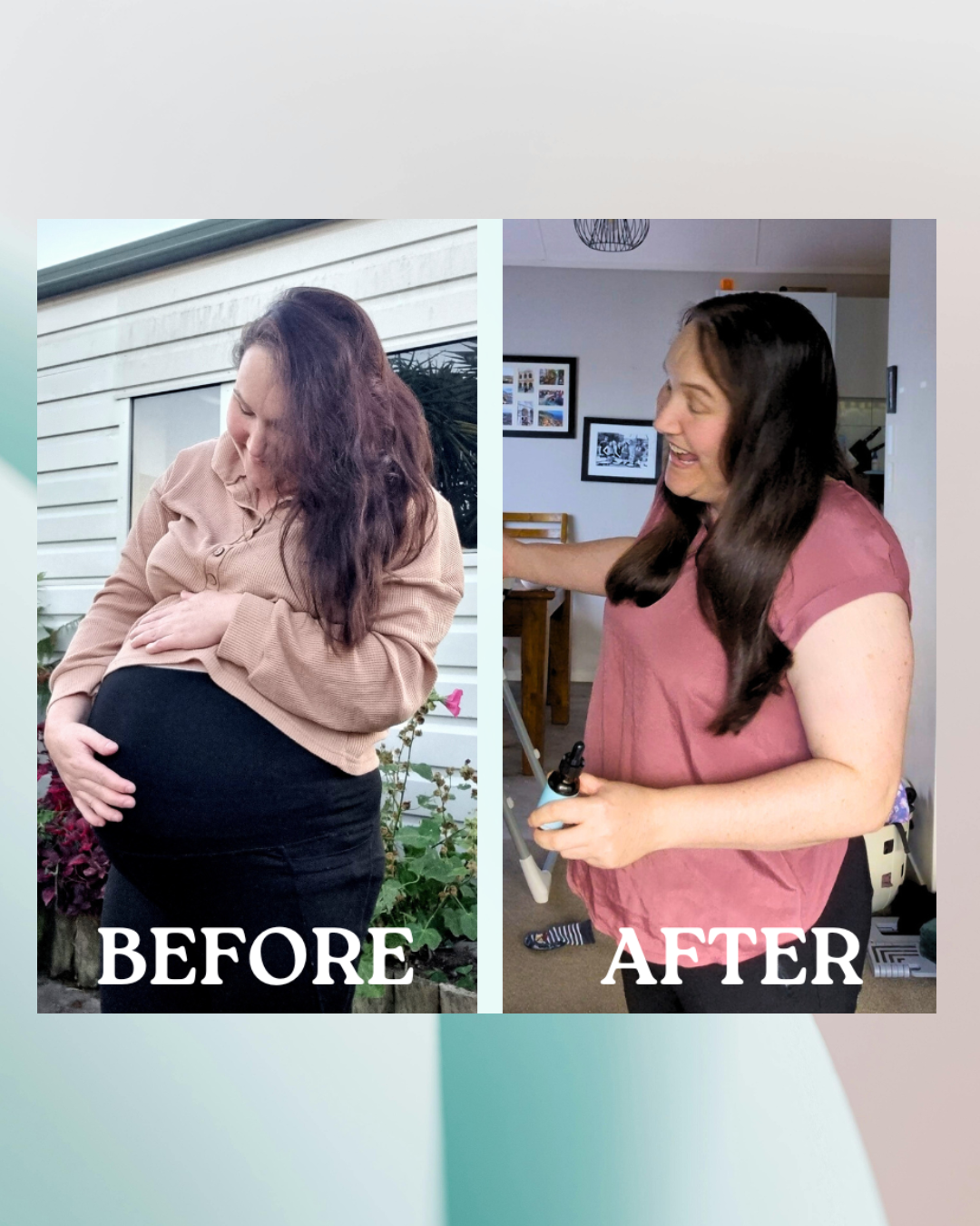 Before and after comparison of a woman with text labels 'BEFORE' and 'AFTER'.