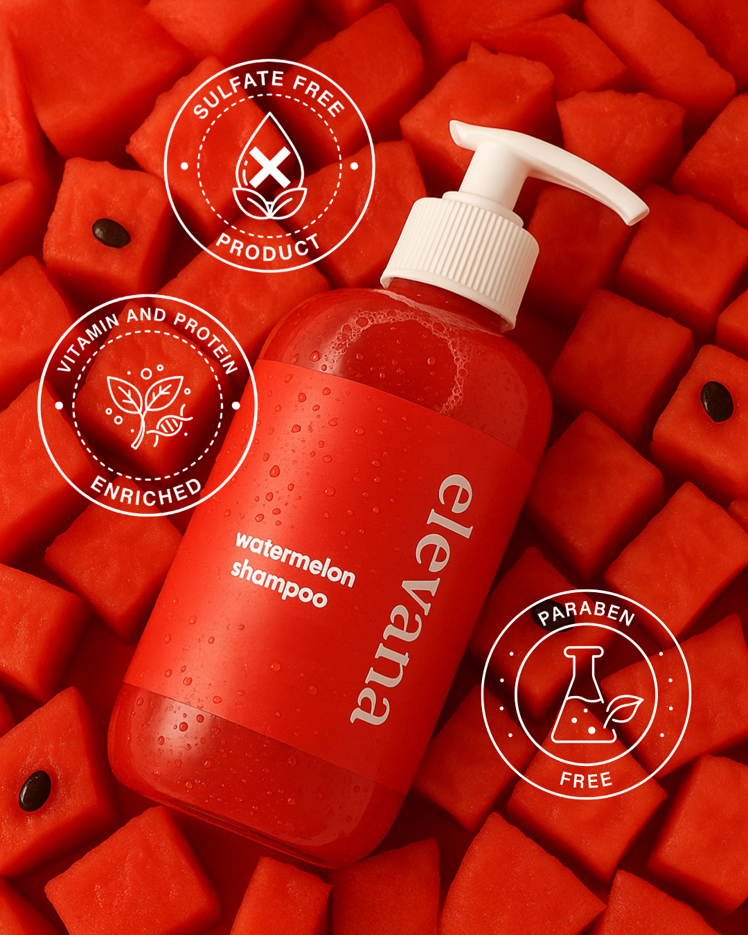 Red shampoo bottle with pump on a red watermelon background, featuring 'elevana' brand.
