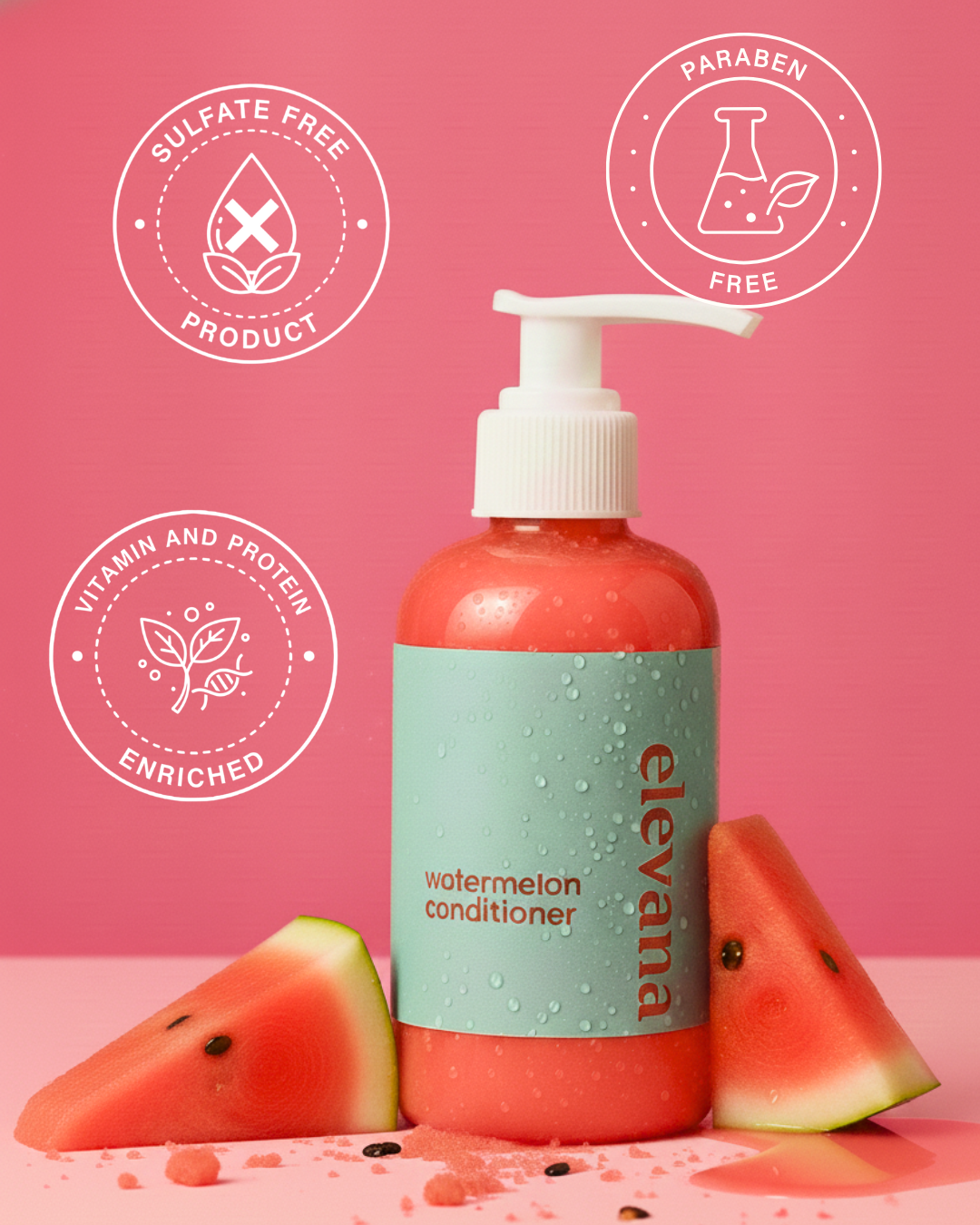 Elevana watermelon conditioner bottle with watermelon slices on a pink background