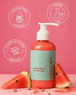 Elevana watermelon conditioner bottle with watermelon slices on a pink background