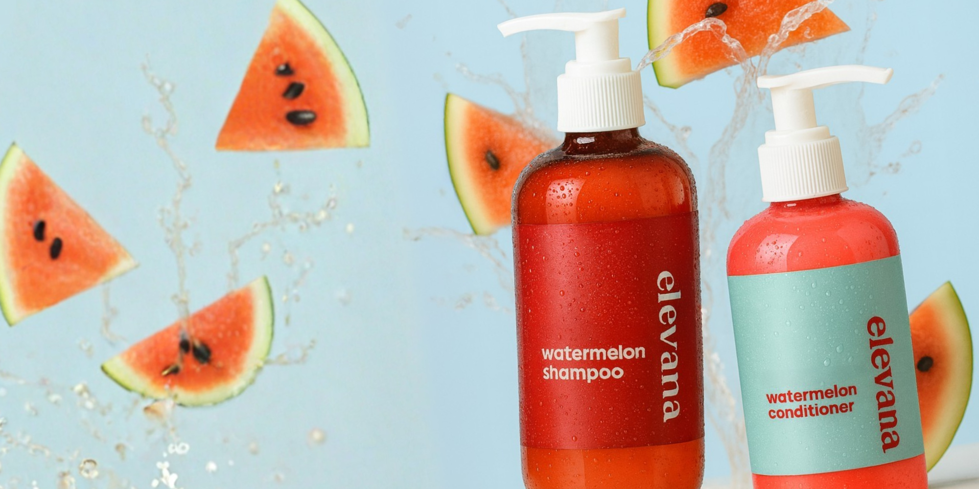 Two bottles of elevana watermelon shampoo and conditioner with watermelon slices on a light blue background.