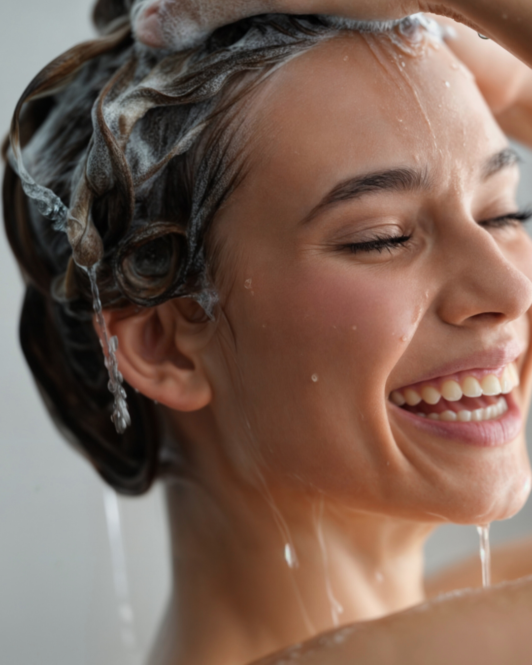 Woman washing her hair with shampoo in a shower setting