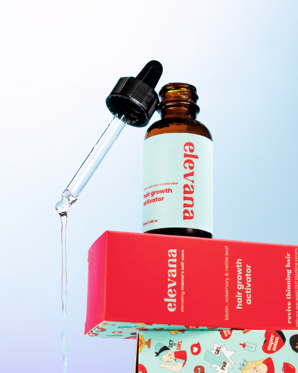 Elevana hair growth activator bottle with dropper on a colorful box background