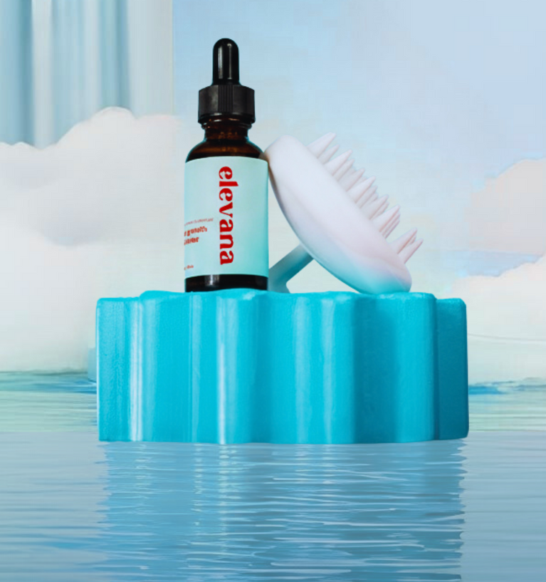 Bottle of 'elevana' with a dropper on a blue stand against a light blue background