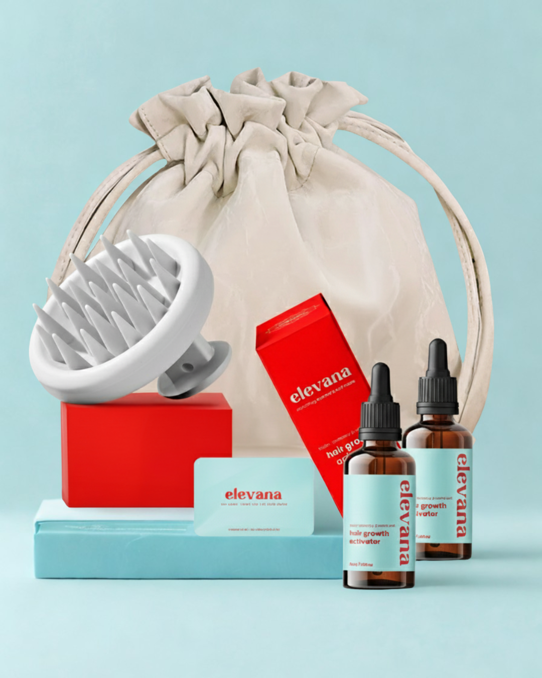 Hair Growth product set with 'elevana' on a light blue background