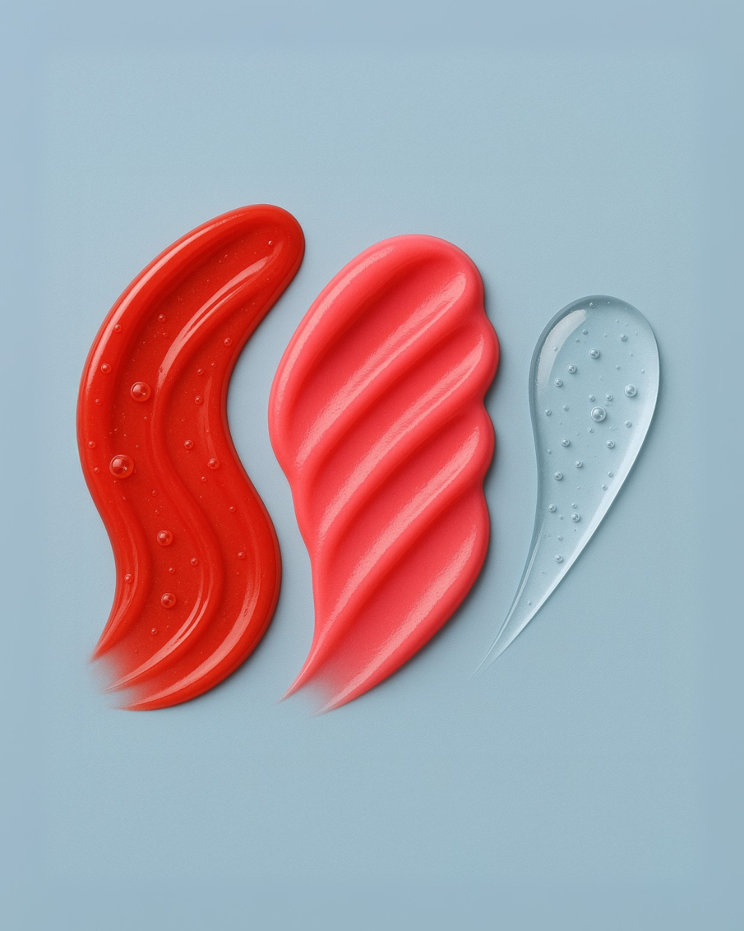 Three different textures of red and clear substances on a light blue background, shampoo & Conditioner and hair growth treatment textures 