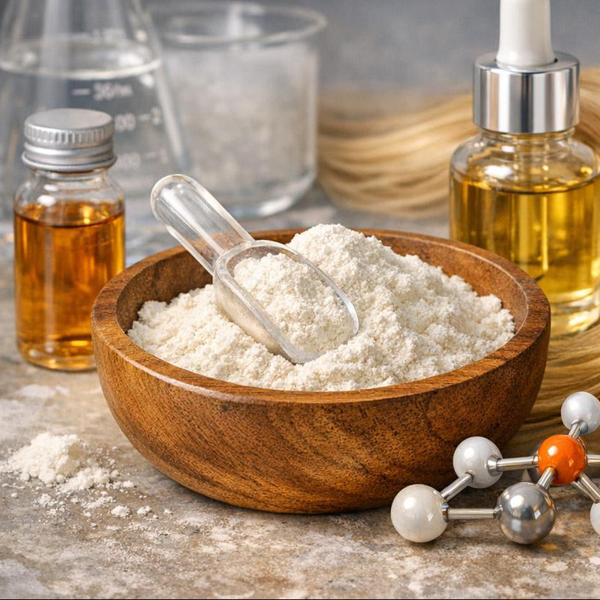 Bowl of hydrolyzed keratin powder with bottles and a molecular model on a gray background