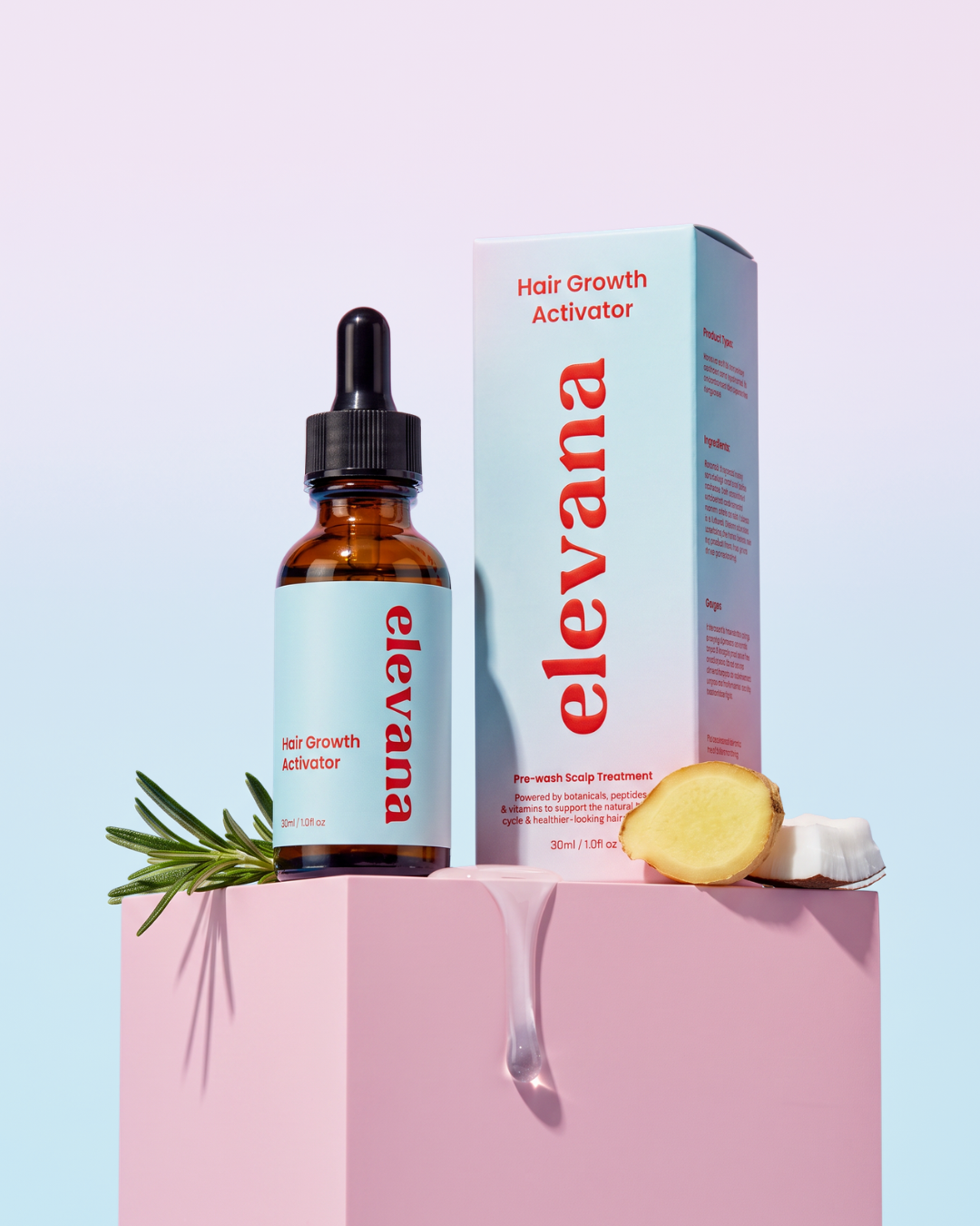 A bottle of elevana Hair Growth Activator next to its product box, styled on a pink pedestal with rosemary and ginger slices against a pastel gradient background.