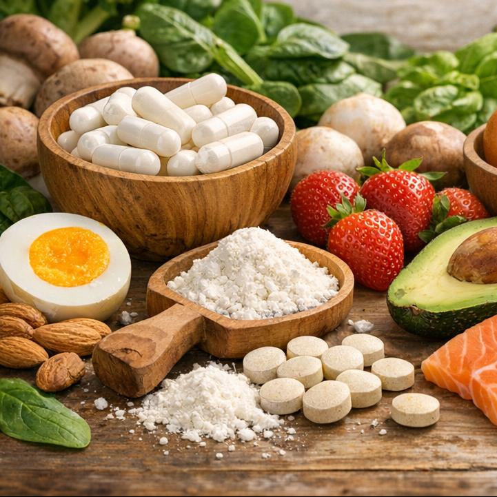 Assorted foods and supplements on a wooden surface with 'Biotin Vitamin H' text and chemical structure diagram.